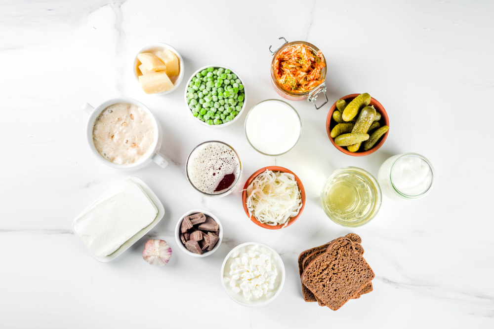 Flatlay of foods rich in probiotics.