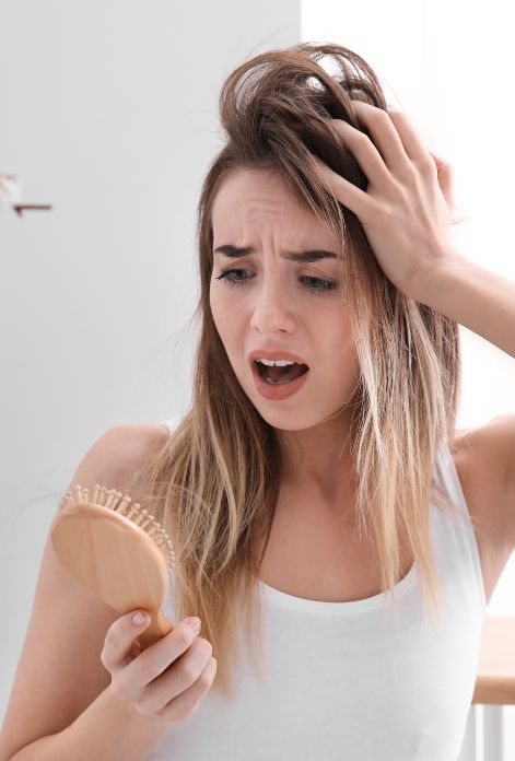 A person gazes with concern at a hairbrush full of hair, their expression reflecting the distress and anxiety associated with hair loss due to hormonal imbalance.