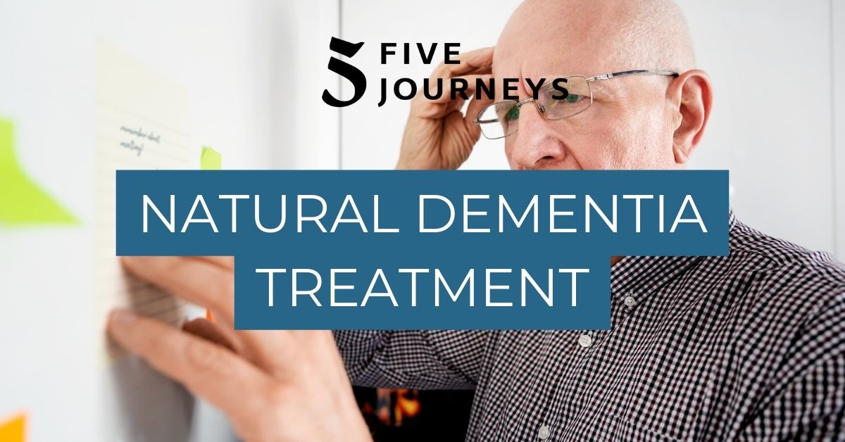 An elderly man experiencing dementia symptoms, with information about natural treatment options at Five Journeys.