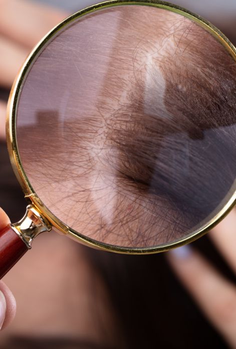 Magnified view of scalp with thinning hair, highlighting the need for hair loss treatment at Five Journeys.