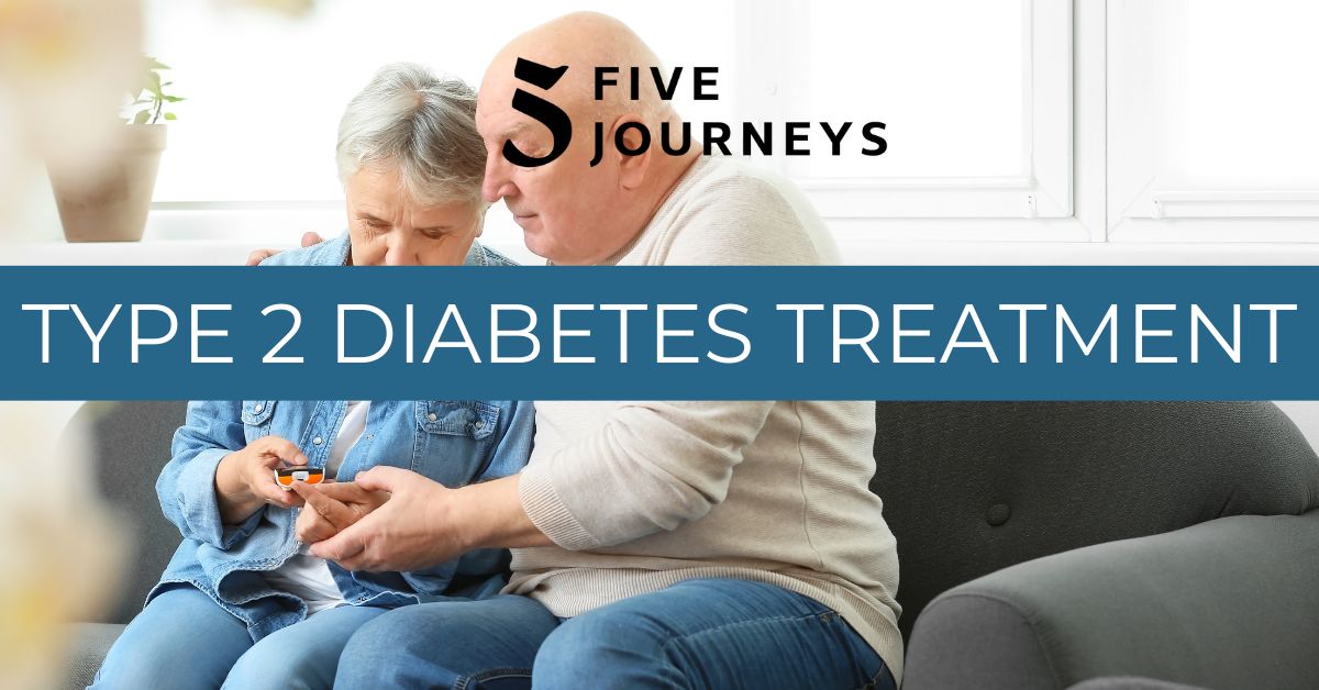 A caring man helps an elderly woman check her blood sugar with a glucometer, symbolizing the support and compassion crucial in managing Type 2 diabetes.