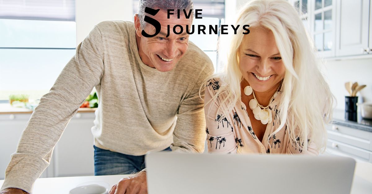 Alt Tag: A middle-aged couple radiates youthfulness and vitality as they smile at a laptop screen, symbolizing the potential benefits of peptide therapy for healthy aging.