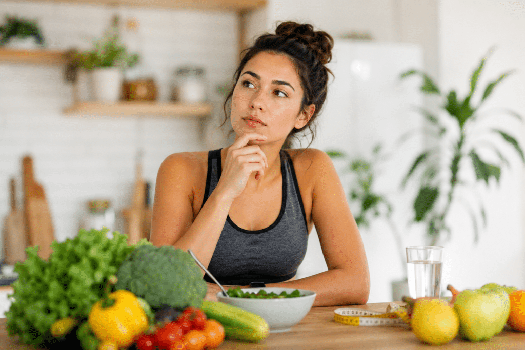 A top-down view of a balanced, colorful meal featuring whole foods to help reverse leptin resistance and support metabolic health.