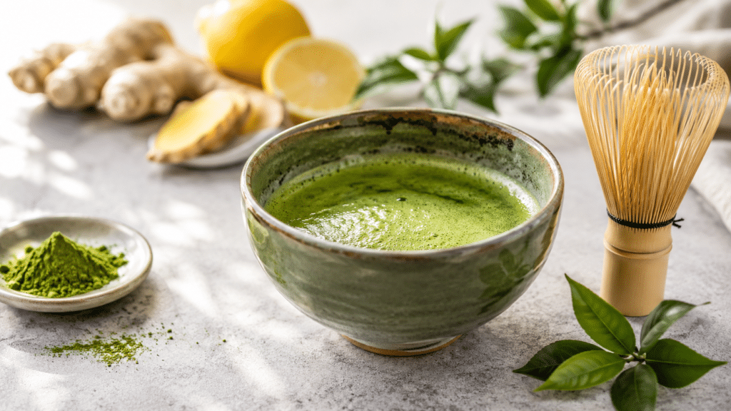 A frothy bowl of anti-inflammatory matcha green tea with a bamboo whisk