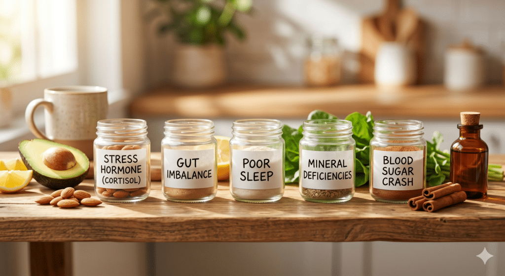 A wooden kitchen counter displaying five glass jars labeled with sugar cravings root causes, surrounded by healthy ingredients like avocados and almonds.