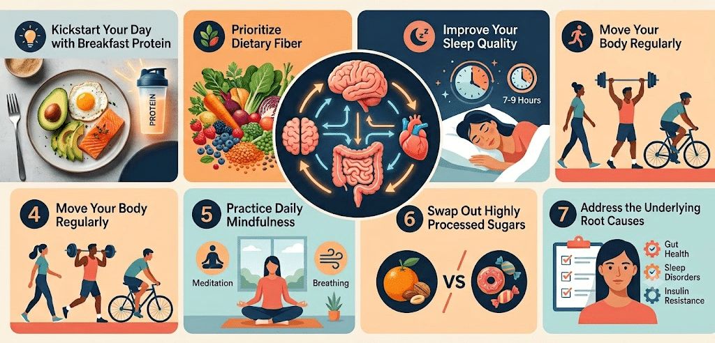 A helpful infographic breaking down 7 practical ways to manage cortisol and sugar cravings naturally.