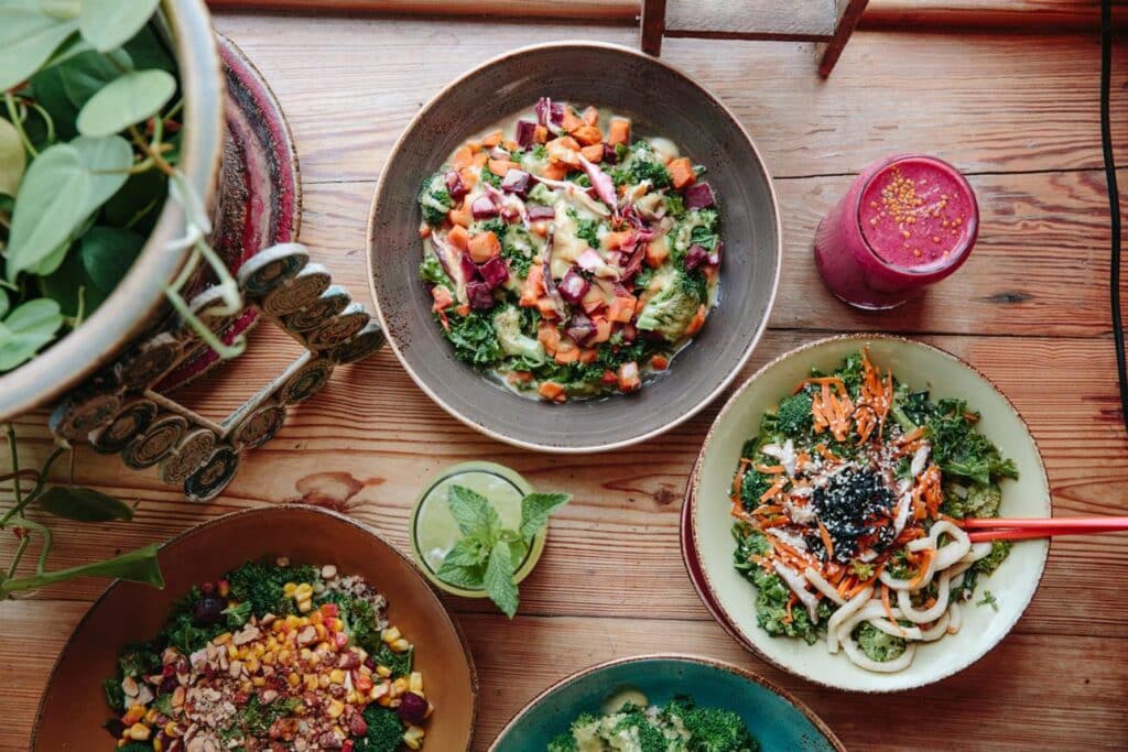 Healthy gluten-free breakfast Boston featuring colorful smoothie bowls and vegetable bowls at Life Alive Organic Café.