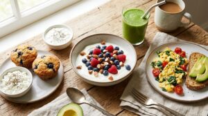 A high-protein breakfast spread on a rustic wooden table featuring Greek yogurt with berries and almonds, gluten-free protein muffins, scrambled eggs with spinach and tomatoes, avocado slices, and a green smoothie.