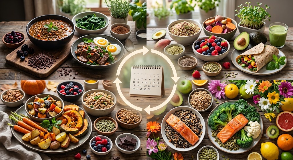 A visual guide illustrating a selection of whole, nutrient-dense foods for each phase of your menstrual cycle, including complex carbohydrates, healthy fats, and various lean proteins, all arranged to show a complete, clean-text menstrual cycle food guide without headings.